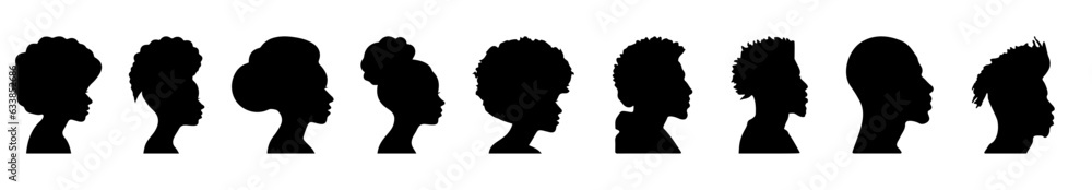 Silhouettes of African American men and women. Profile silhouettes. Vector illustration isolated on white background