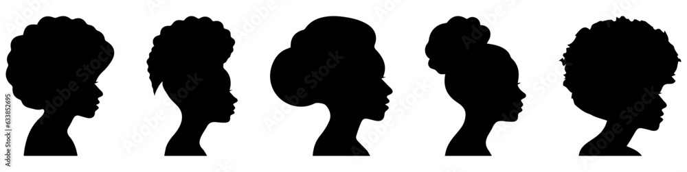 Silhouettes of African American women. Profile with various hairstyles