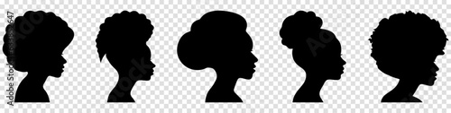 Set Silhouettes of African American women. Profile with various hairstyles. Vector illustration isolated on transparent background