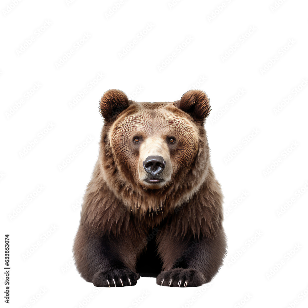Fototapeta premium A majestic brown bear sitting on a snowy white floor