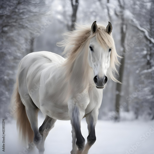 a beautiful white horse in winter