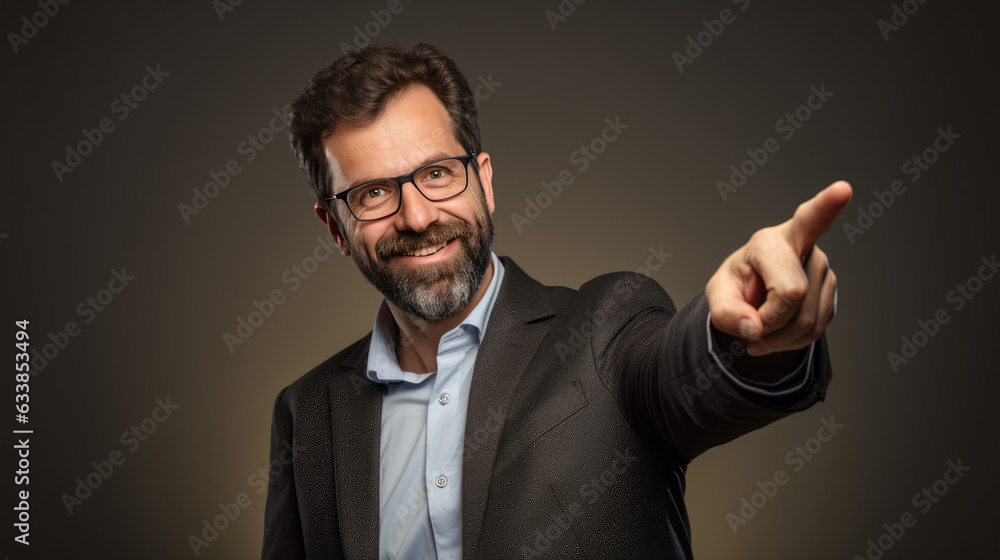 Middle aged man wearing suit pointing with hand and finger to the side looking at the camera. Middle aged man wearing suit pointing with hand and finger to the side looking at the camera.