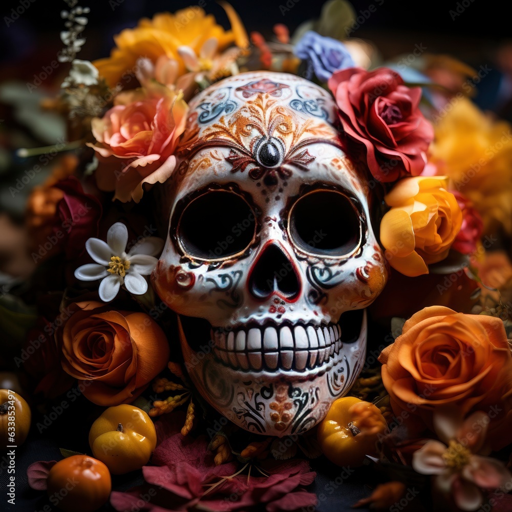 The day of the Dead. Colorful sugar skull all in patterns, surrounded by various colors, in a colorful bright style, traditional Mexican style. Diaz de los Muertos. The day of the Dead. Colorful sugar skull all in patterns, surrounded by various colors, in a colorful bright style, traditional Mexican style. Diaz de los Muertos.