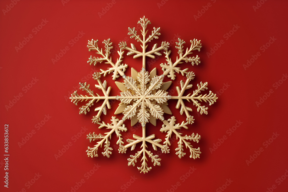 Close up of a golden snowflake on a red background Close up of a golden snowflake on a red background