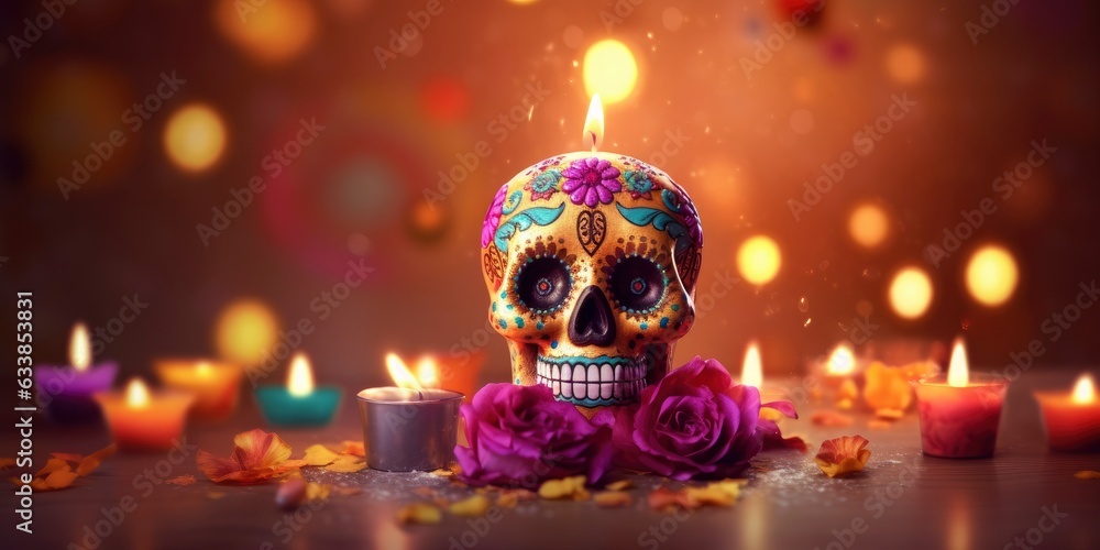 The day of the Dead. Colorful sugar skull all in patterns, on a pink background, surrounded by flowers and candles, in a colorful bright style, traditional Mexican style. Diaz de los Muertos. The day of the Dead. Colorful sugar skull all in patterns, on a pink background, surrounded by flowers and candles, in a colorful bright style, traditional Mexican style. Diaz de los Muertos.