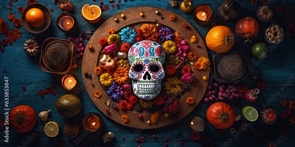 The day of the Dead. Colorful sugar skull all in patterns, on a blue background, surrounded by fruits and flowers, in a colorful bright style, traditional Mexican style. Diaz de los Muertos.