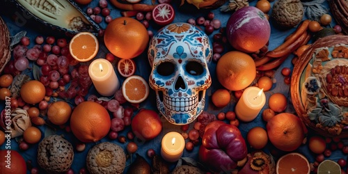 The day of the Dead. Colorful sugar skull all in patterns on an orange background, surrounded by fruits, flowers and candles, in a colorful bright style, traditional Mexican style. Diaz de los Muertos