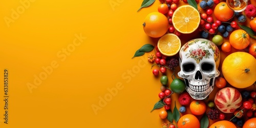 The day of the Dead. Colorful sugar skull all in patterns on a yellow background, surrounded by fruits, in a colorful bright style, traditional Mexican style. Diaz de los Muertos. Place for text, copy