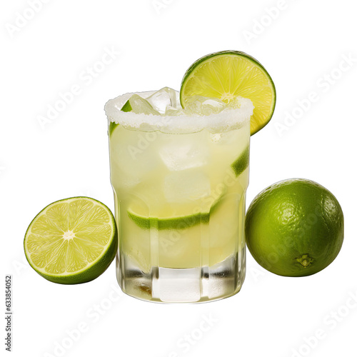 A refreshing limeade drink with a garnish of fresh lime slices and a glass filled with ice cubes