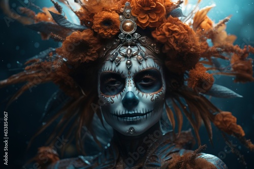 The day of the Dead. Portrait of a fictitious young girl, on a gloomy background with a vine of flowers on her head, with painted faces in the form of a sugar skull, Diaz de los muertos.