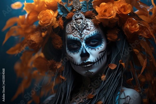 The day of the Dead. Portrait of a fictitious young girl, on a gloomy background with a vine of flowers on her head, with painted faces in the form of a sugar skull, Diaz de los muertos. © Andrey