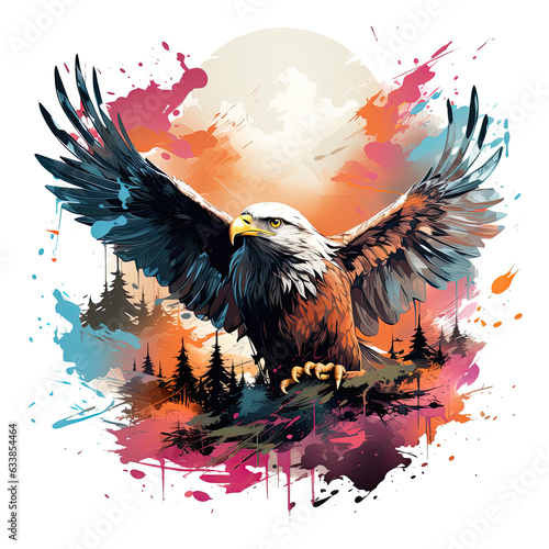  A whimsical Amerikan Eagle T-Shirt Design set in an imaginary world, with the eagle as a mythical guardian with shimmering wings, Generative Ai
