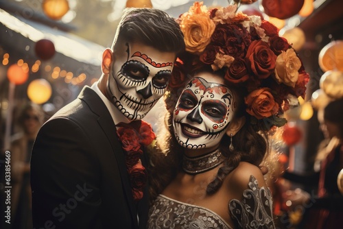 The day of the Dead. Blurred portrait of a fictitious young couple with painted sugar skull faces, Díaz de los Muertos, against a busy street.