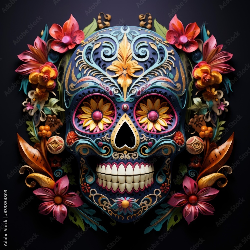 The day of the Dead. Colorful sugar skull on a dark background with flowers and leaves, vintage design, traditional mexican style. Diaz de los Muertos.