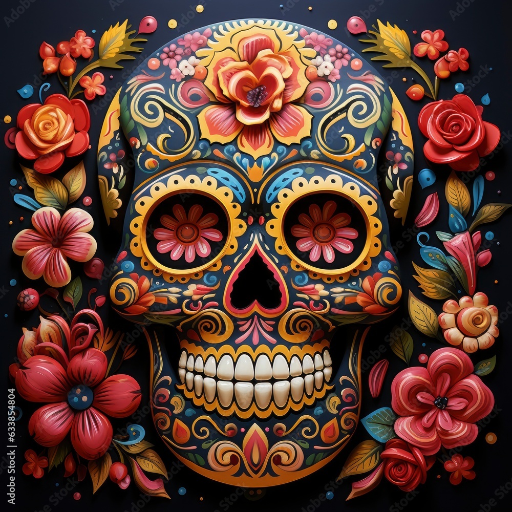 The day of the Dead. Colorful sugar skull on a dark background with flowers and leaves, vintage design, traditional mexican style. Diaz de los Muertos. The day of the Dead. Colorful sugar skull on a dark background with flowers and leaves, vintage design, traditional mexican style. Diaz de los Muertos.