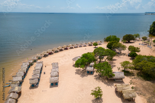 Aerial view of Pindobal beach, a freshwater beach along the Tapajos river in Belterra, Para, Brazil. photo