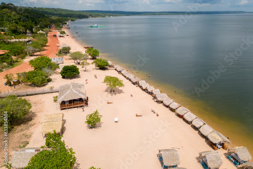 Aerial view of Pindobal beach, a freshwater beach along the Tapajos river in Belterra, Para, Brazil. photo
