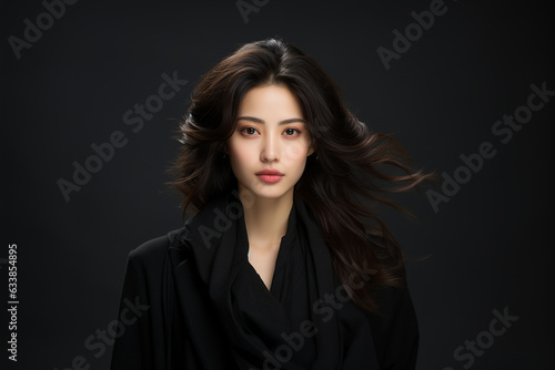 Beautiful portrait of Asian model with curly hair black background