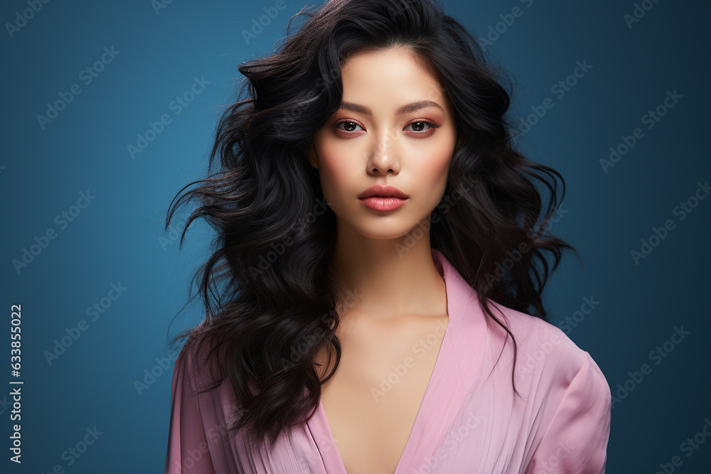 Beautiful portrait of Asian woman with black curly hair and smoky eyes Beautiful portrait of Asian woman with black curly hair and smoky eyes