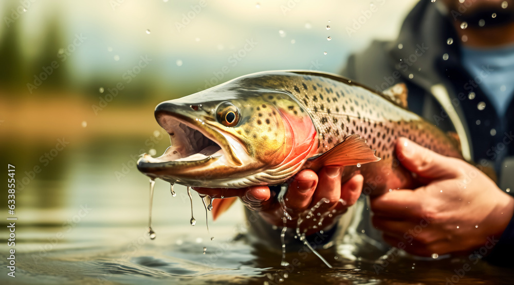 Fishing. Fisherman and trout. a man fishing and holding a trout, digital ai Fishing. Fisherman and trout. a man fishing and holding a trout, digital ai