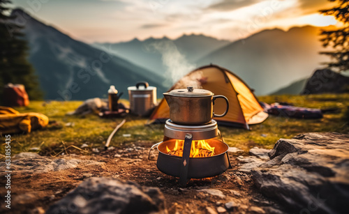 Fotografia Camp fire and tea pot, tent and mountains in the background at sunset
