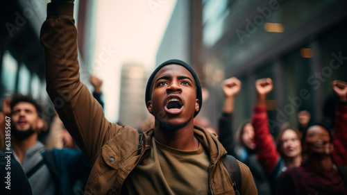 young black man protesting along with a crowd of people