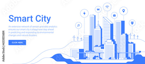 Modern smart city graphic in one blue color line art. Innovative technologies for saving the planet. City landscape with infographic elements. Website template. © Anastasiia Neibauer
