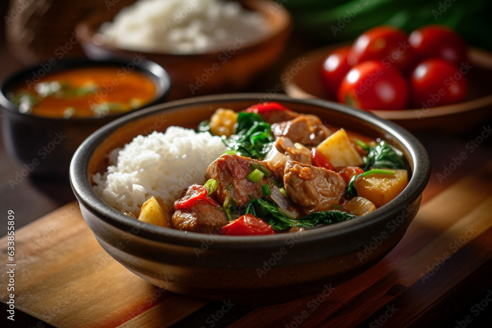 White rice and pork meat sinigang sour and savory Philippine food White rice and pork meat sinigang sour and savory Philippine food