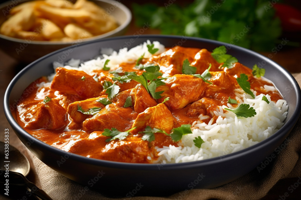 Close up of chicken Makhani butter chicken and white rice