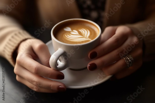Close up of woman holding a cup of coffee latte