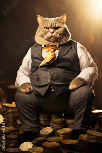Fototapeta A greedy fat cat sits among gold coins