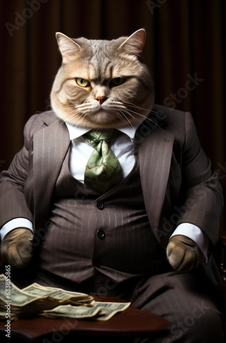 Fat cat in costume counts money