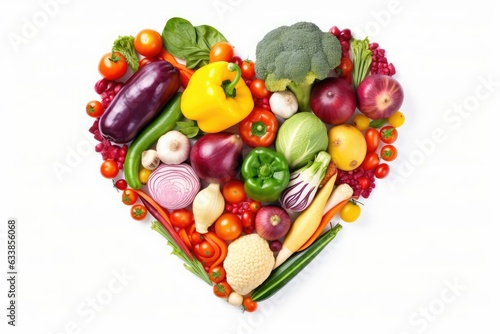 Heart shape made of different vegetables isolated on white background