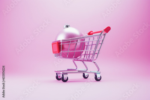Shopping cart with a Christmas bauble in pastel shades of pink and magenta. Concept of Christmas and New Year sales and Black Friday.