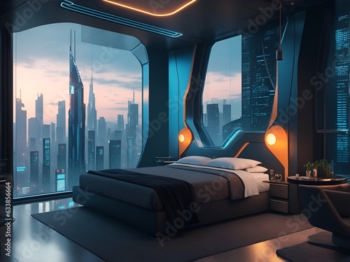 futuristic bedroom with holographic displays and interactive controls