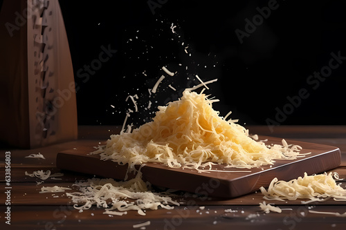 Shredded cheese grated on a wooden cutting board