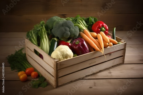 Fresh organic vegetable delivery box on a wooden background