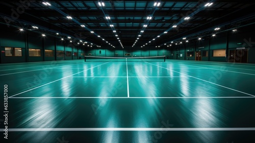 A badminton court with lights on. Generative AI image.