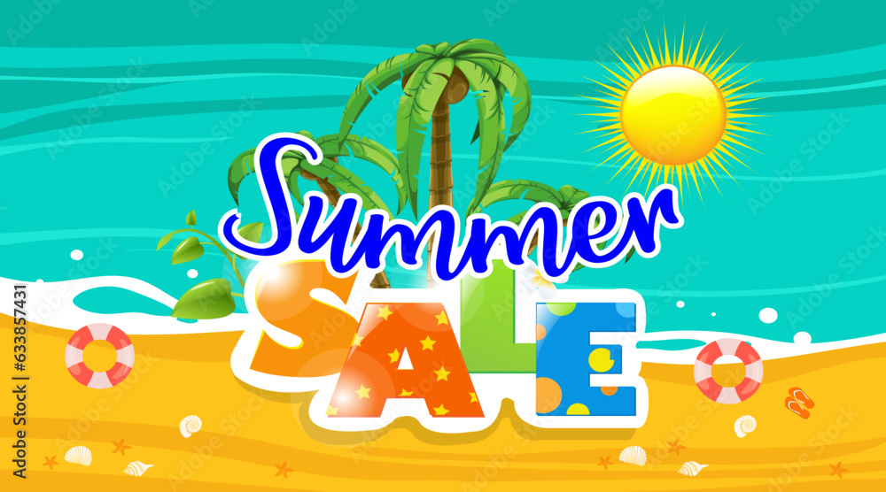 Realistic Summer sale banner and poster design with tropical leaves background Vector. big and super sale summer background design. Realistic Summer sale banner and poster design with tropical leaves background Vector. big and super sale summer background design.