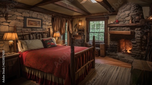 Bedroom decor, home interior design . Rustic Country style with Stone Fireplace decorated with Wood and Stone material . Generative AI AIG26. photo