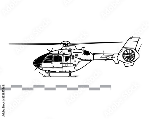 Eurocopter EC635, Airbus Helicopters H135M. Vector drawing of light utility helicopter. Side view. Image for illustration and infographics.
