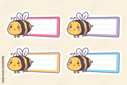 School label sticker with cute kawaii bee vector illustration