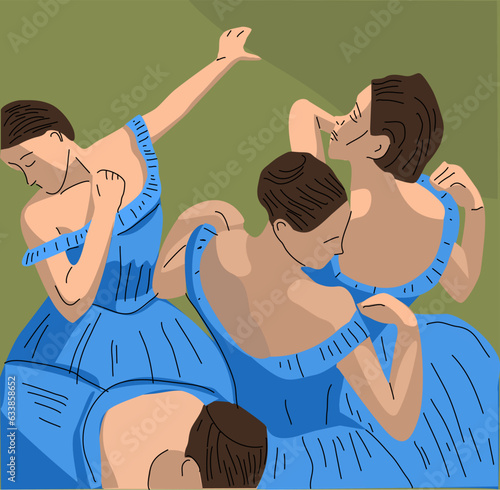 Blue dancers. vector illustration. Girls in blue dresses. famous picture. french artist. Young girls are dancing. School of ballet. Masterpieces of Fine Arts. Print for clothes.