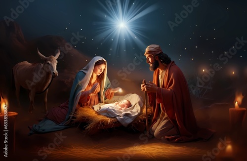 Krippendarstellung Weihnachten mit Maria, Josef und Christkind, Geburt Jesu, ers Fototapet