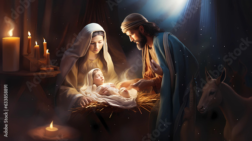 Fotografiet Krippendarstellung Weihnachten mit Maria, Josef und Christkind, Geburt Jesu, ers