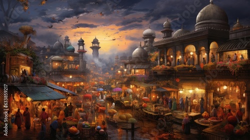Bustling cityscape, aroma of exotic spices fills air.