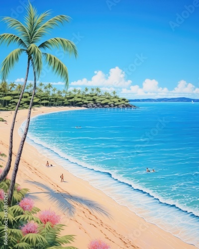 Sandy beach, clear blue waters, warm sun.