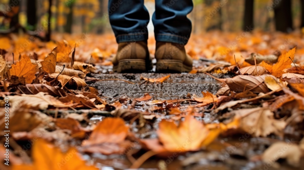 wandering feet on wet ground with fallen leaves in autumn wandering feet on wet ground with fallen leaves in autumn