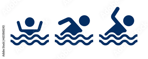 Swimmer sign icons. Lifeguard Safety. Swimming on water with waves symbol. Template Design.