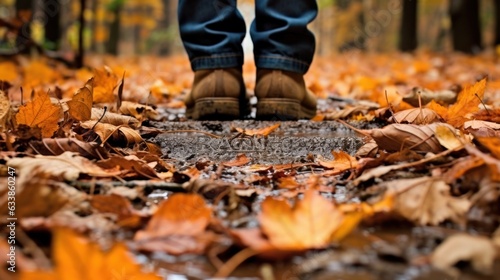 wandering feet on wet ground with fallen leaves in autumn